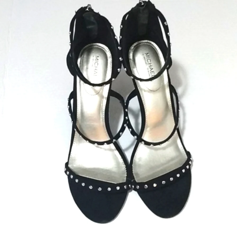MICHAEL SHANNON BLACK SILVER STUDDED STRAPPY STILETTO SANDALS SIZE 9